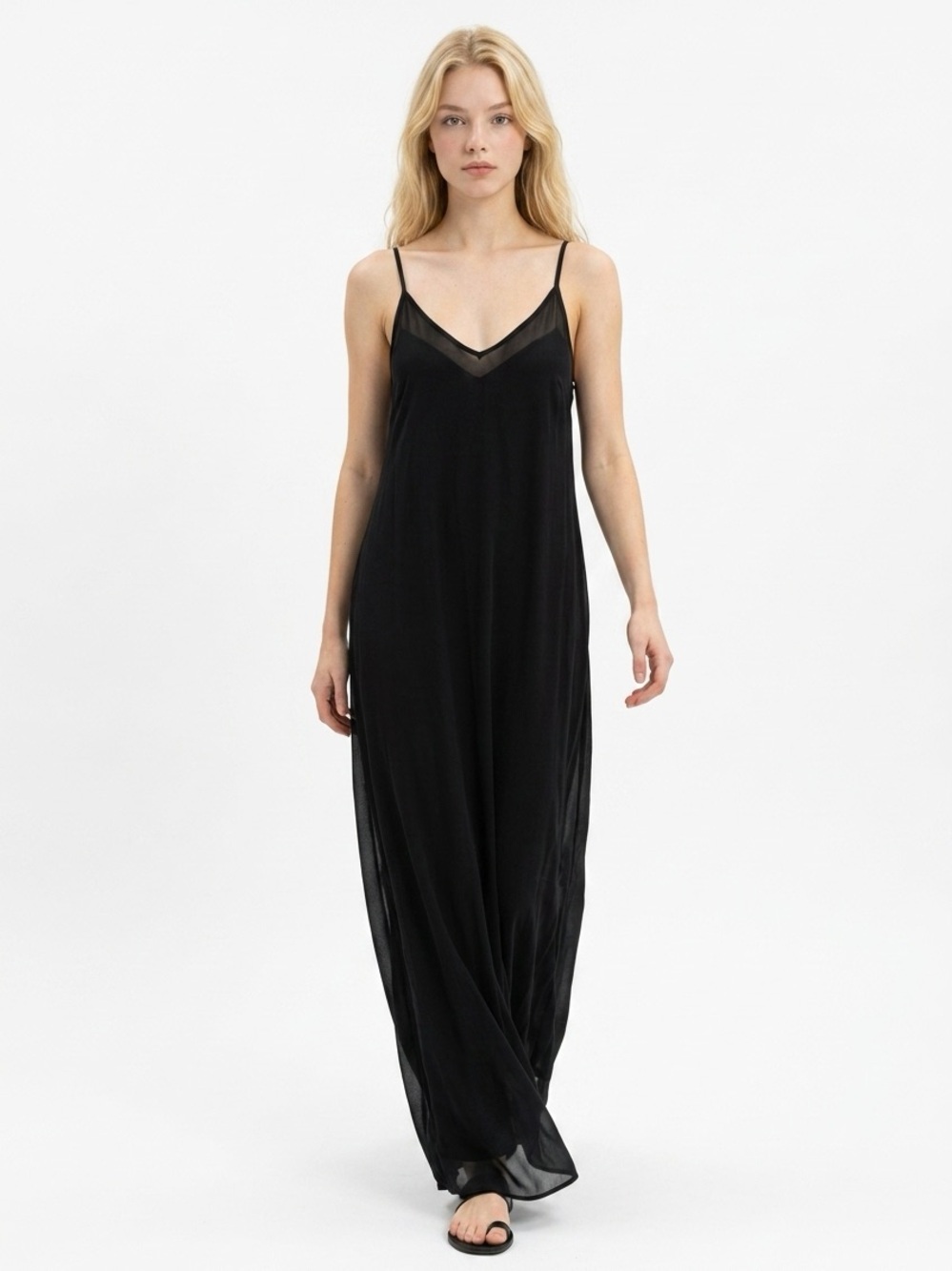 Elan Black Maxi Slip Dress with Sheer V-Neck